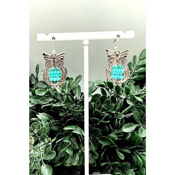 Antique Silver Tone Turquoise Beaded Owl Dangle Earrings Vintage Style Jewelry - Picture 5 of 7